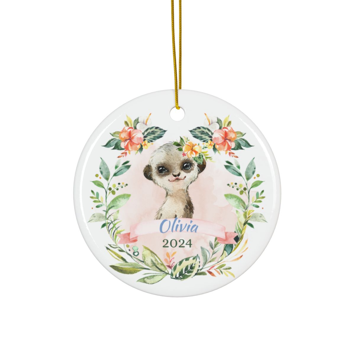 Personalized Baby Ornament, Pink Meerkat Design, Custom Birth Announcement, Holiday Decor, Ceramic Keepsake Gift