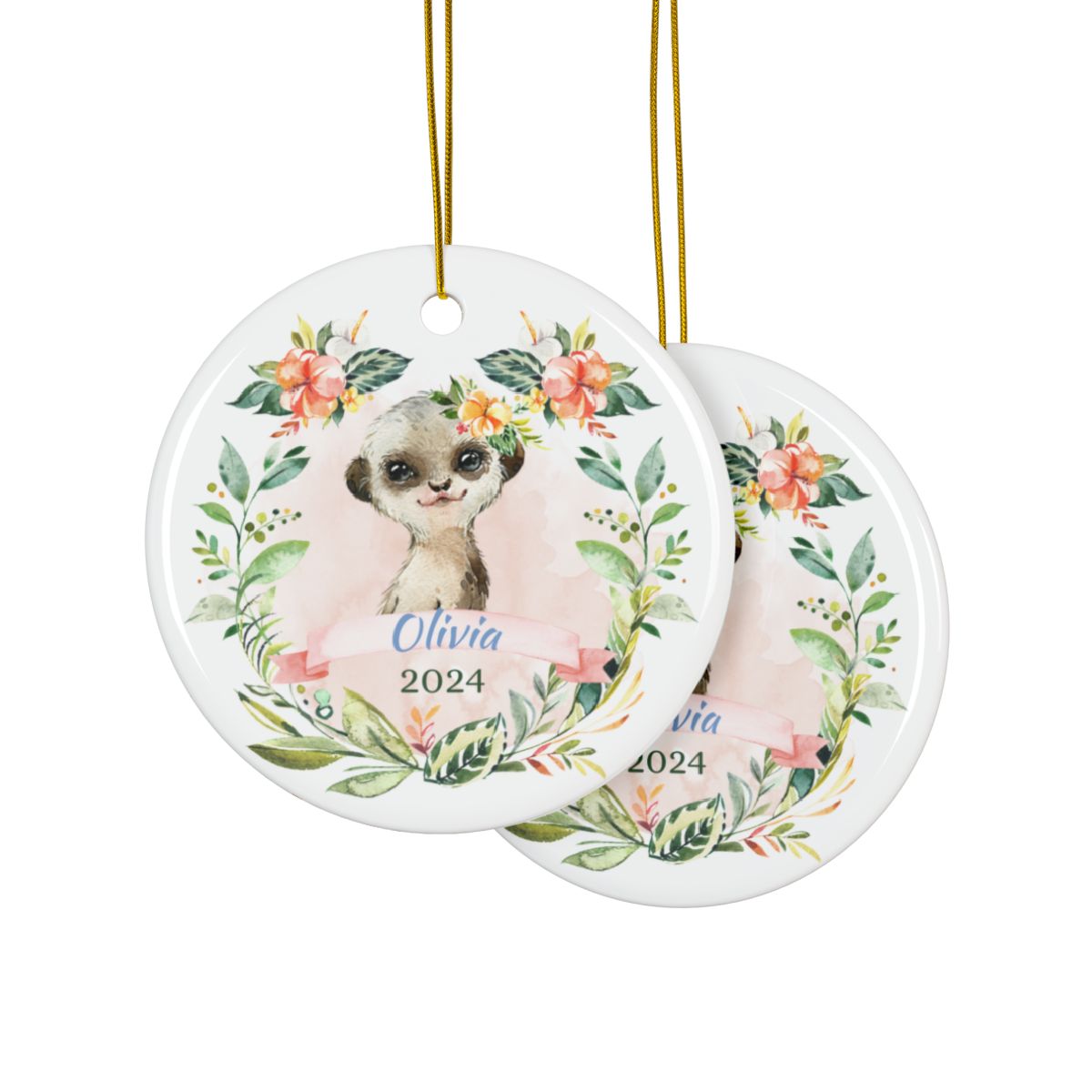 Personalized Baby Ornament, Pink Meerkat Design, Custom Birth Announcement, Holiday Decor, Ceramic Keepsake Gift