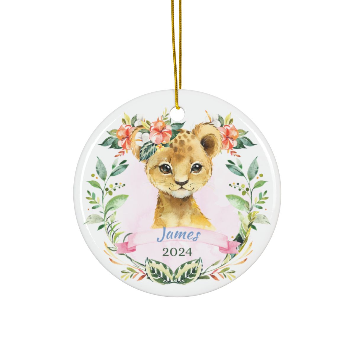 Personalized Lion Ornament, Custom Baby Ornament, Cute Animal Ceramic, Gift for Kids, Jungle Nursery Decor, Holiday Ornament, Handmade Art