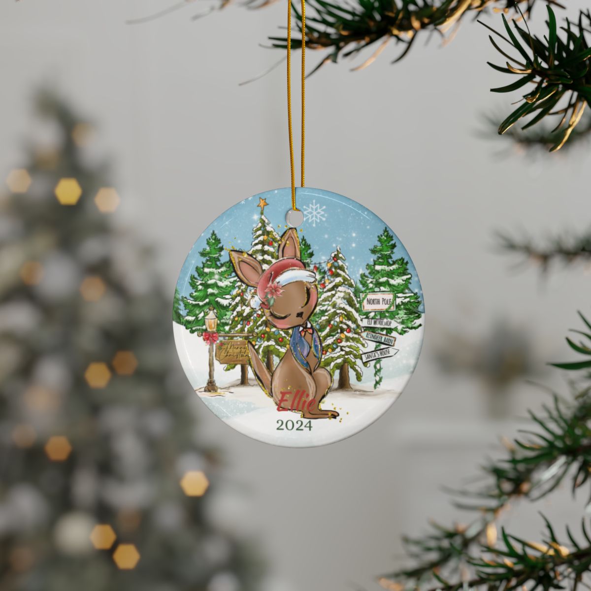 Personalized Christmas Ornament, Custom Kangaroo Ornament, Ceramic Holiday Keepsake, Cute Animal Decoration, Winter Wonderland Decor