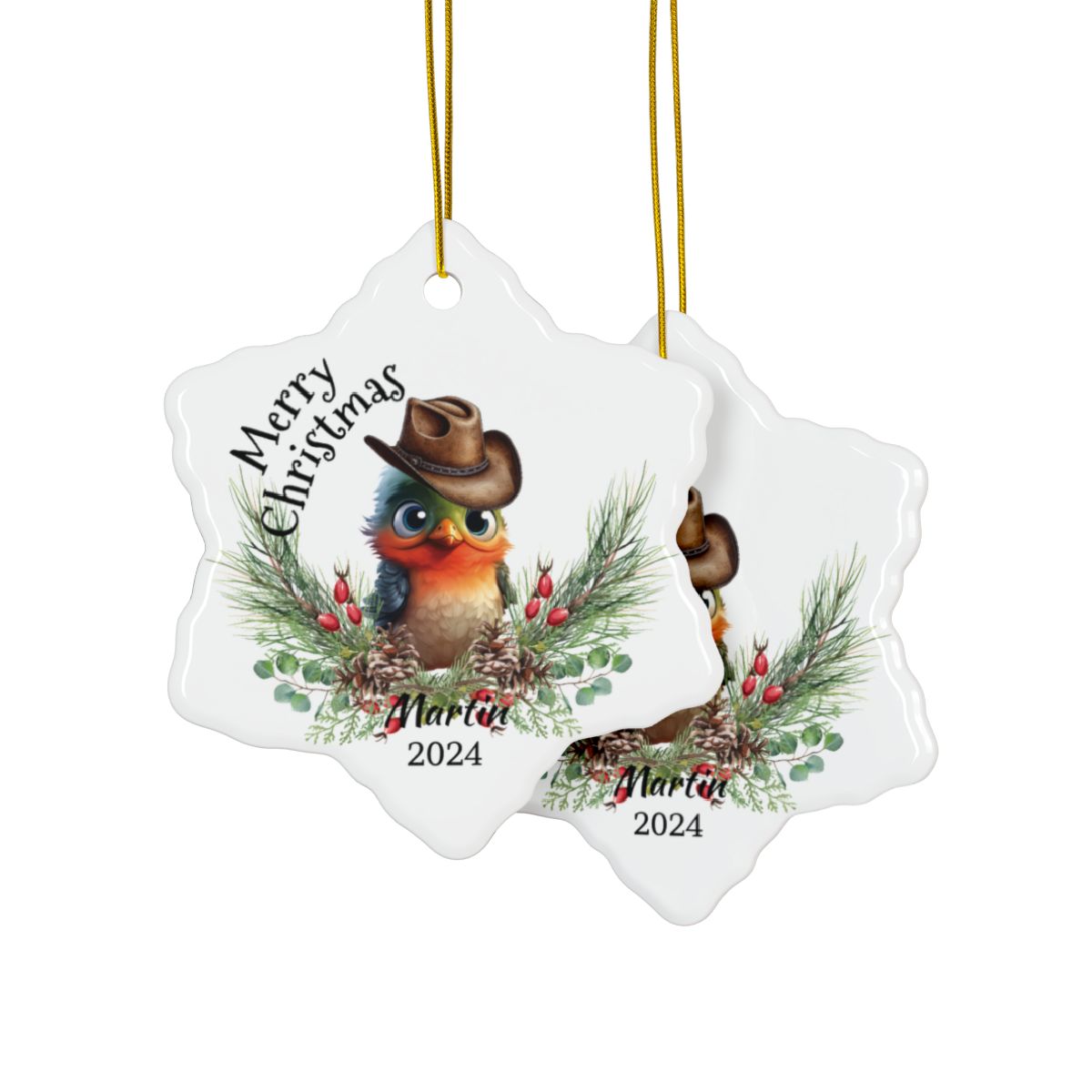 Australian Animals Country Cowboy Mistletoe Personalised Ceramic Ornaments, 2-Side Print