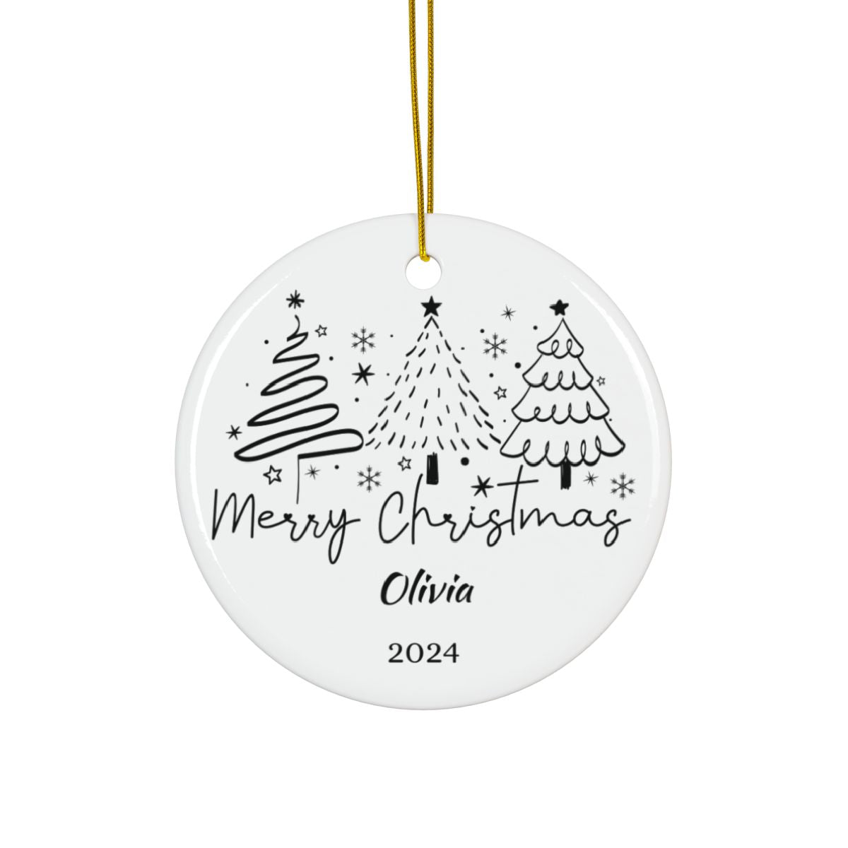 Merry Christmas Christmas Tree Hand Drawn Personalised Ceramic Ornament