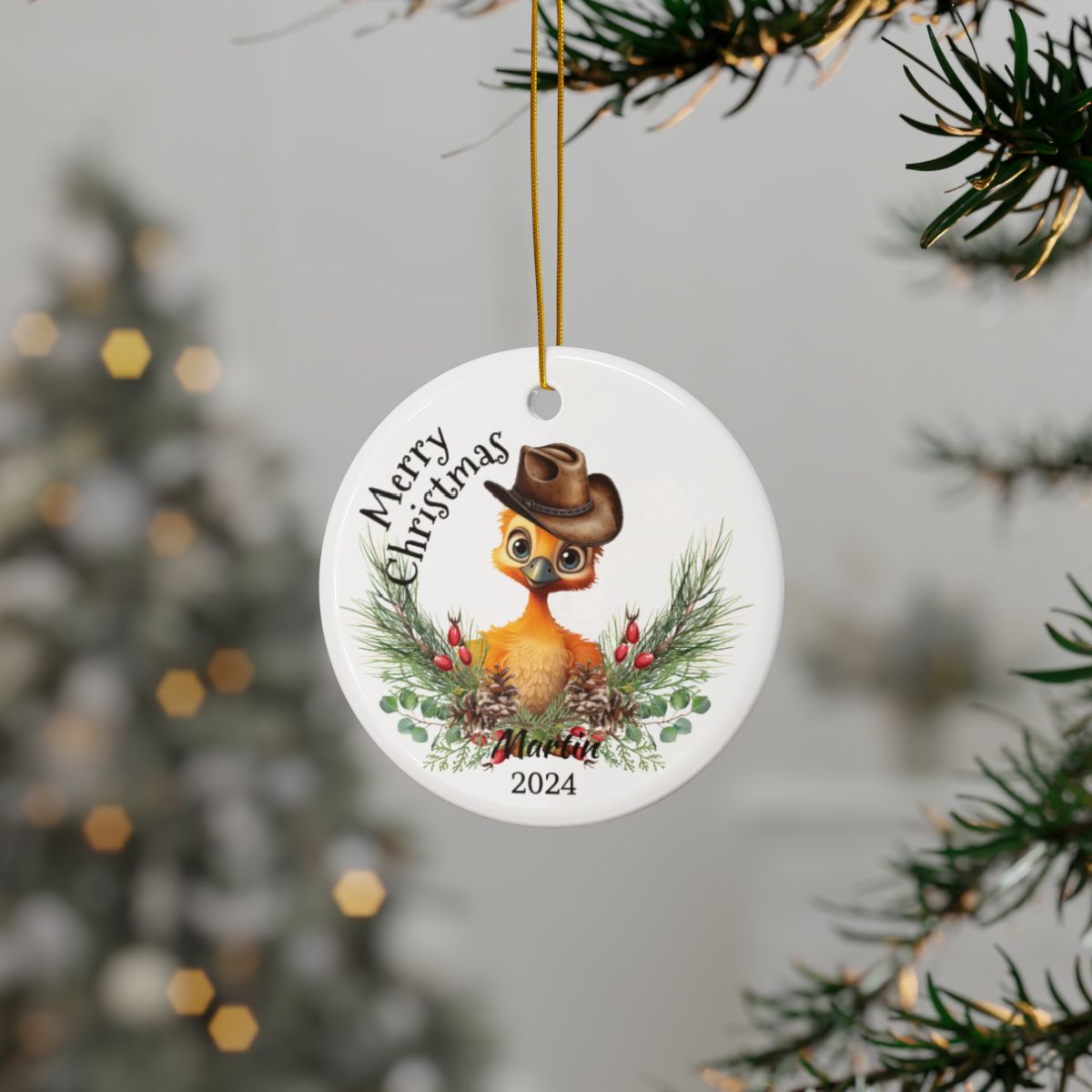 Australian Animals Ornament, Cowboy Emu Design, Personalized Ceramic, Two-Sided Print, Unique Christmas Gift