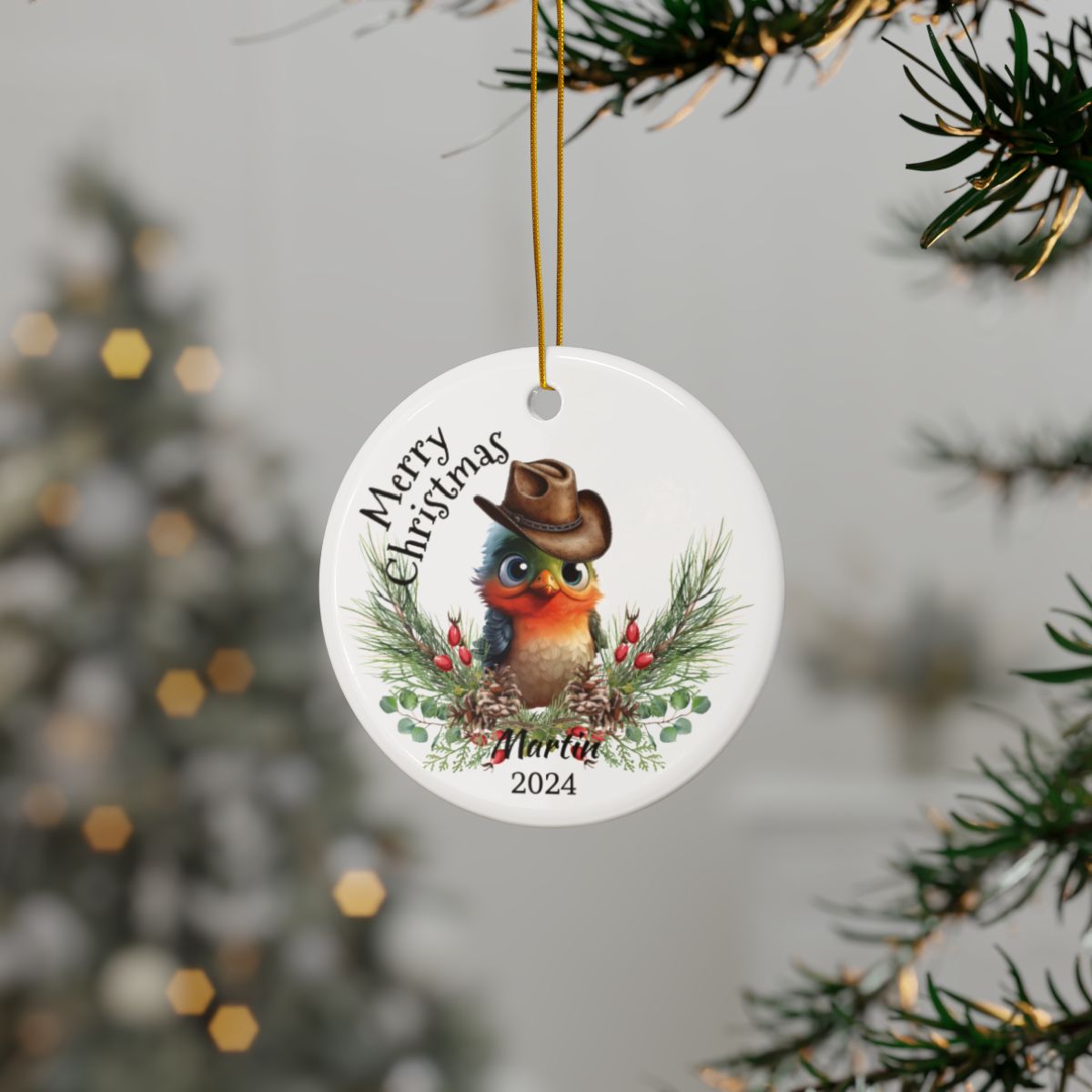 Australian Animals Country Cowboy Mistletoe Personalised Ceramic Ornaments, 2-Side Print