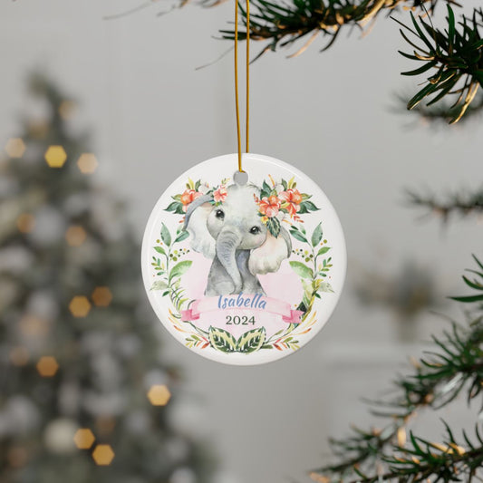 Custom Elephant Ornament, Baby Keepsake, Personalized Ceramic Ornament, Nursery Decor, Cute Animal Ornament, Pink Floral Design