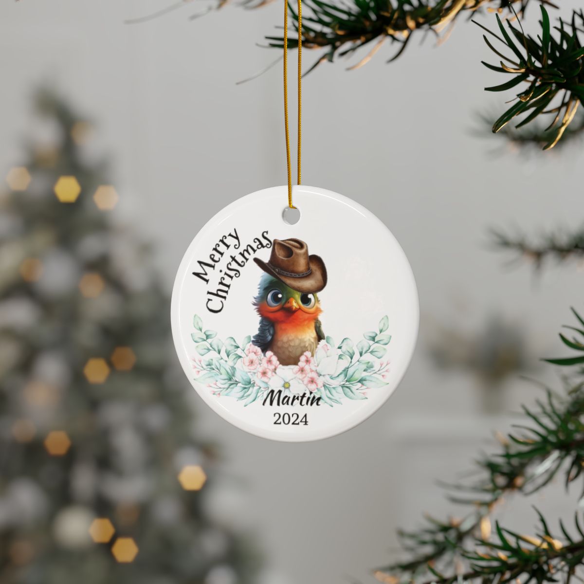 Australian Animals Country Cowboy Mistletoe Personalised Ceramic Ornaments, 2-Side Print