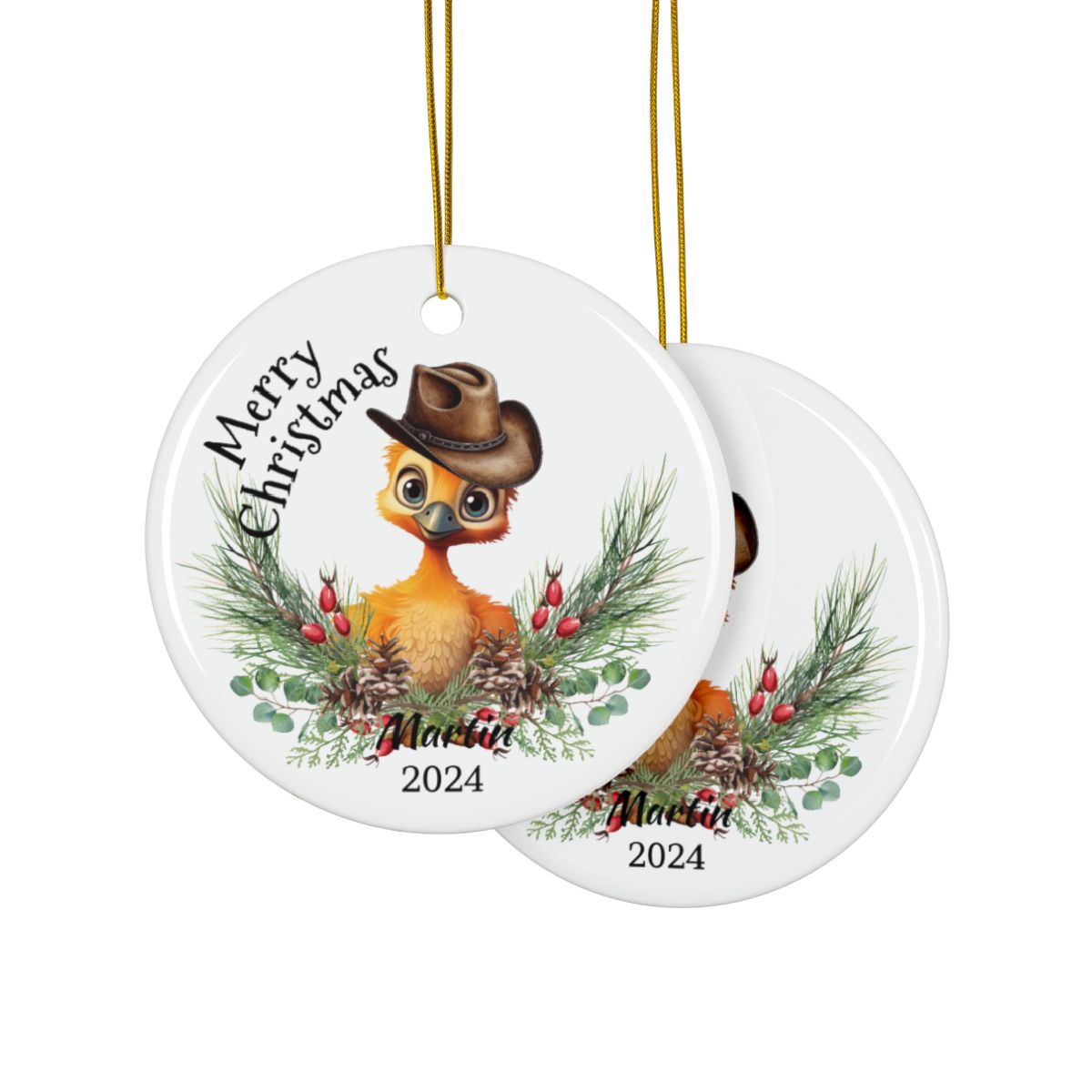 Australian Animals Ornament, Cowboy Emu Design, Personalized Ceramic, Two-Sided Print, Unique Christmas Gift