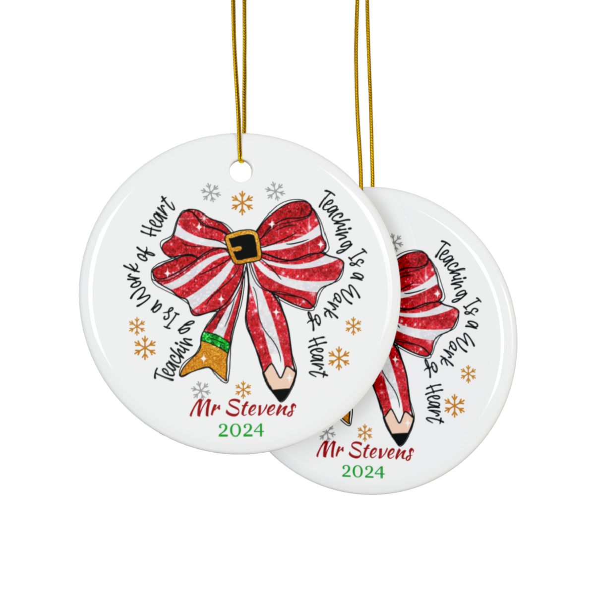 Christmas Teacher Bow Personalised Ceramic Ornament