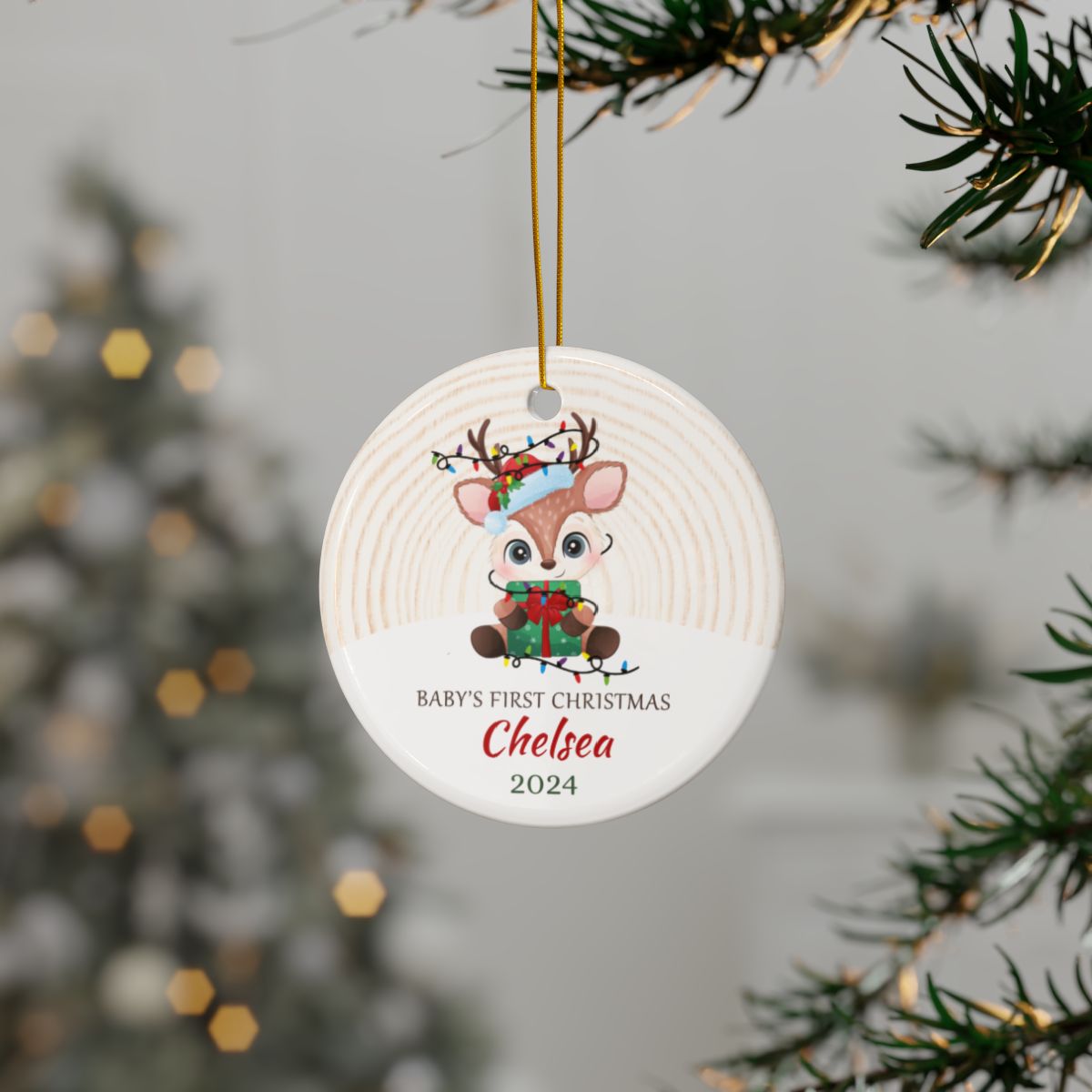 Cute Reindeer Babies First Christmas Personalised Ceramic Ornament