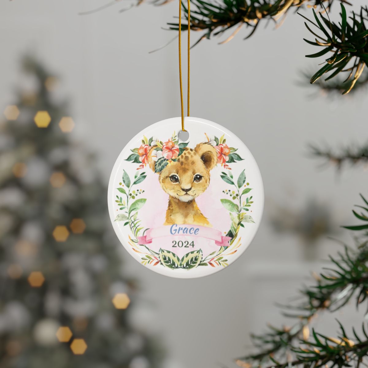 Personalized Lion Ornament, Custom Baby Ornament, Cute Animal Ceramic, Gift for Kids, Jungle Nursery Decor, Holiday Ornament, Handmade Art