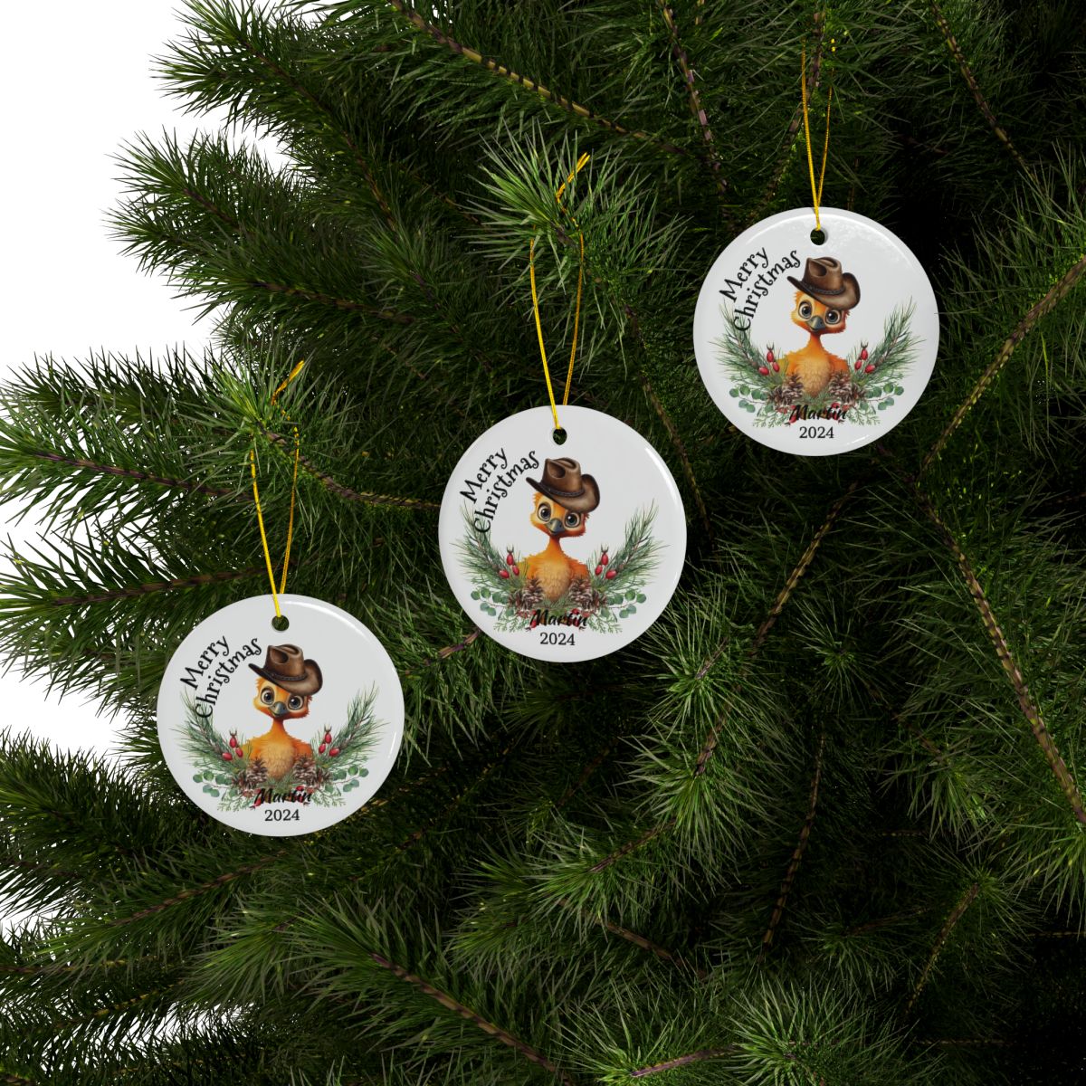 Australian Animals Ornament, Cowboy Emu Design, Personalized Ceramic, Two-Sided Print, Unique Christmas Gift