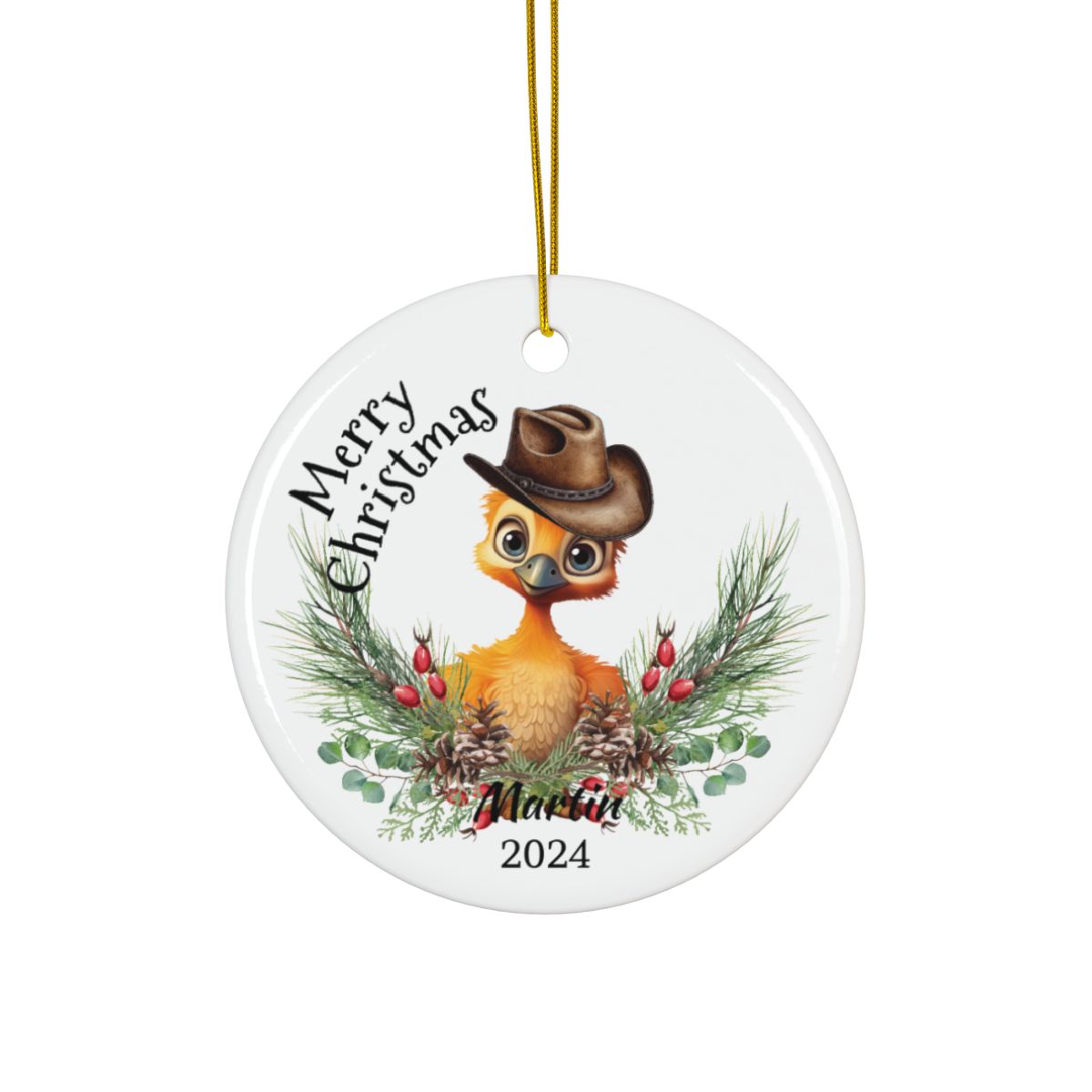 Australian Animals Ornament, Cowboy Emu Design, Personalized Ceramic, Two-Sided Print, Unique Christmas Gift