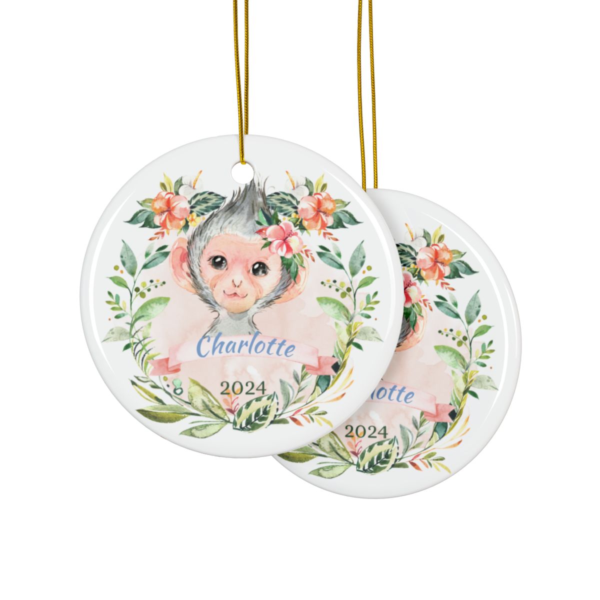 Personalized Monkey Ornament, Cute Animal Ceramic Keepsake, Baby's First Christmas Gift, Nursery Decor, Custom Name Decoration