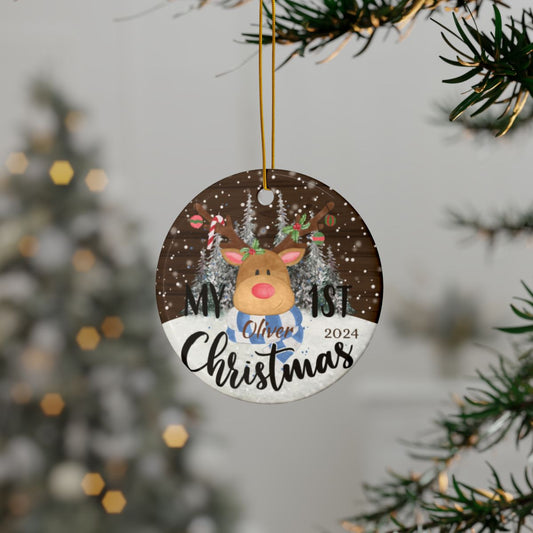 Blue Deer 1st Christmas Personalised Ceramic Ornament