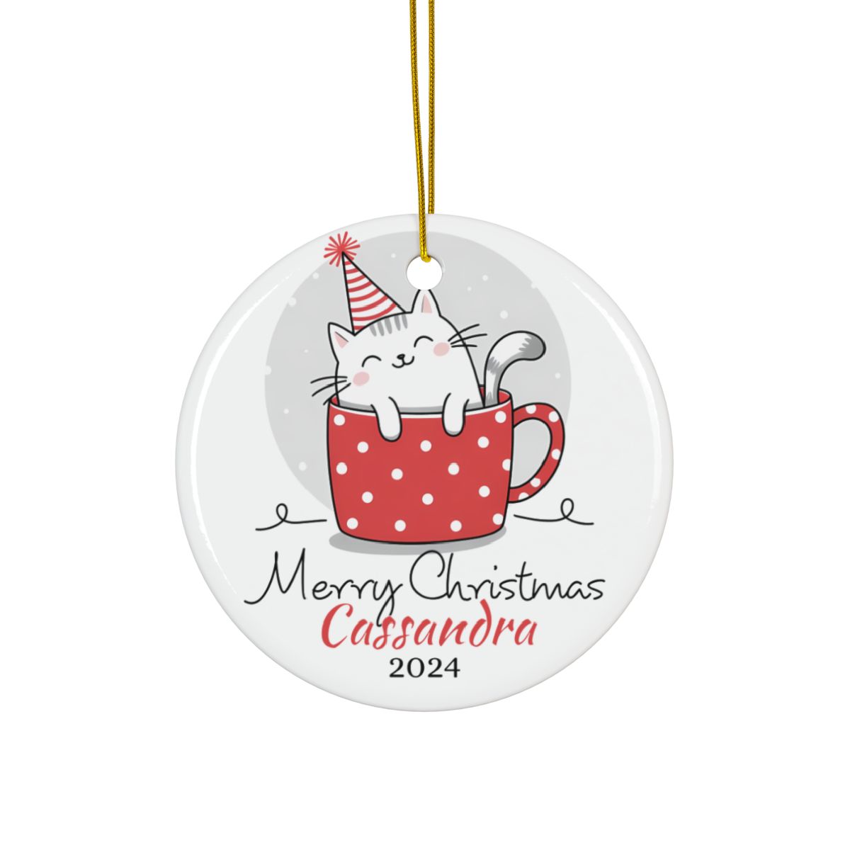 Merry Christmas Cute Cat Personalised Ceramic Ornament