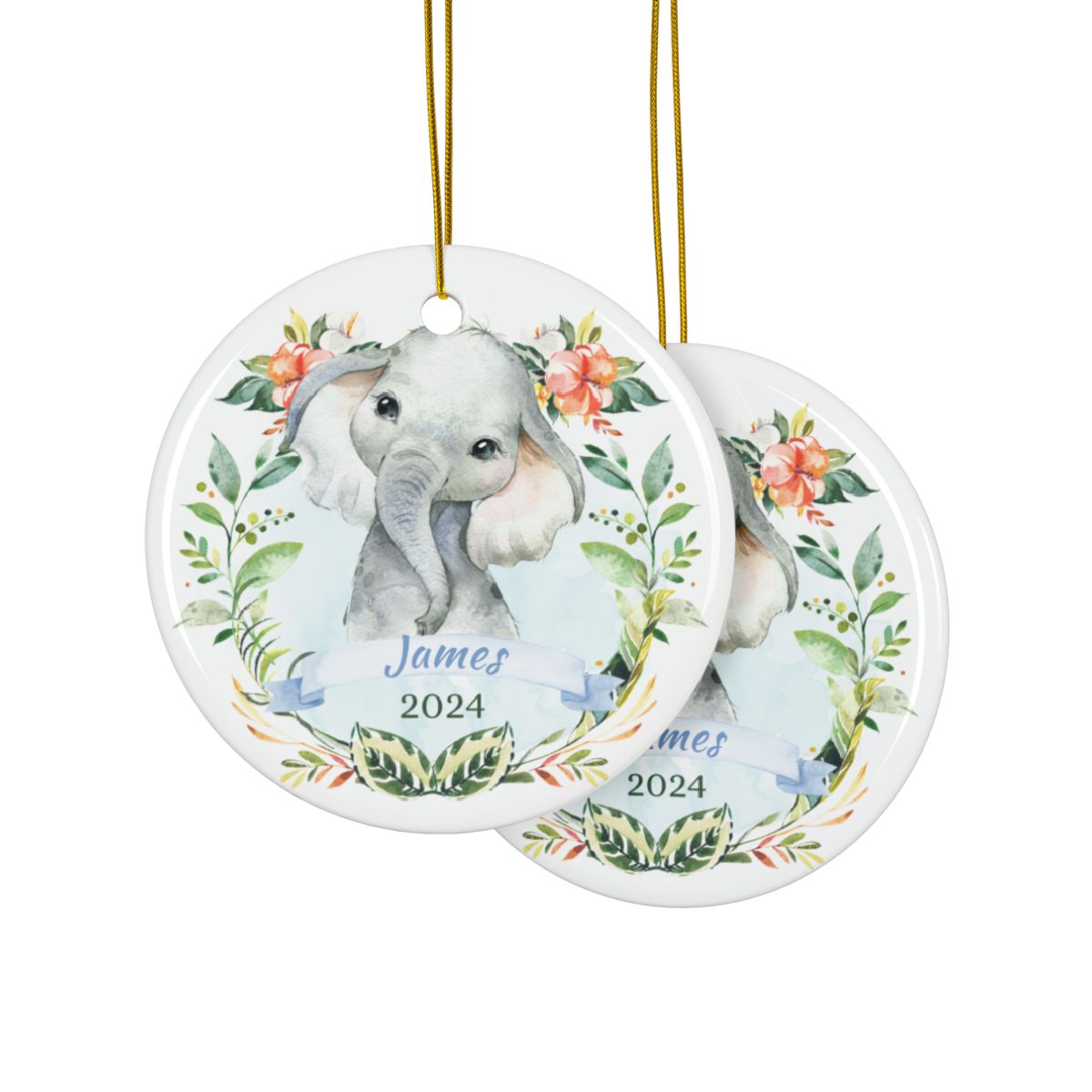 Personalized Elephant Ornament for Baby Nursery Decor, Ceramic Christmas Ornament, Cute Baby Animal Keepsake
