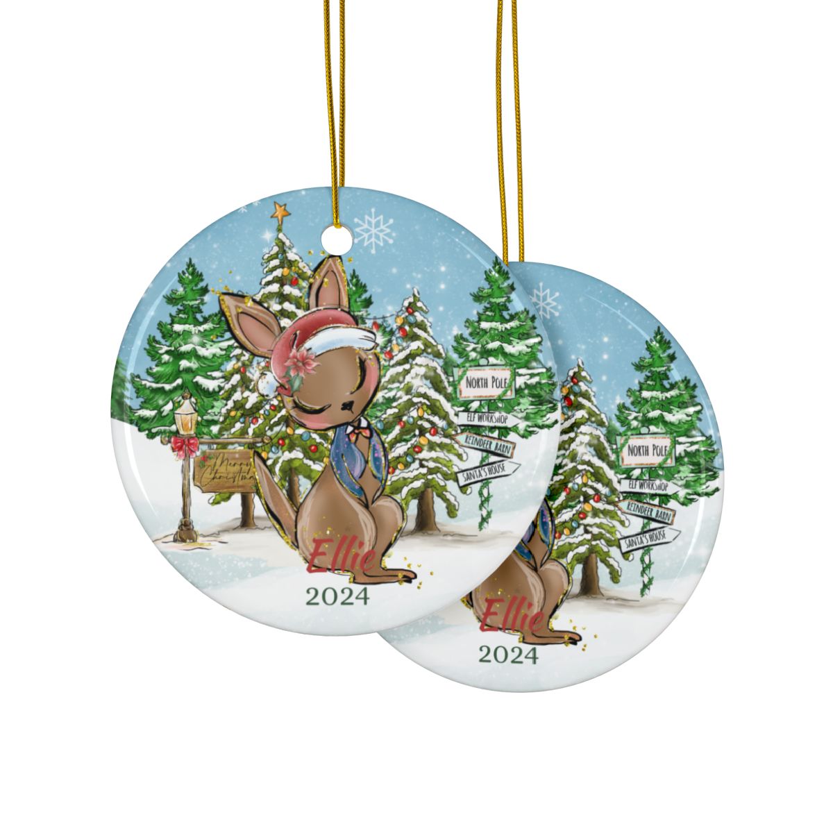 Personalized Christmas Ornament, Custom Kangaroo Ornament, Ceramic Holiday Keepsake, Cute Animal Decoration, Winter Wonderland Decor