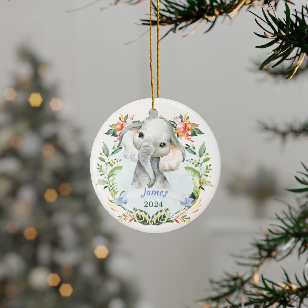 Personalized Elephant Ornament for Baby Nursery Decor, Ceramic Christmas Ornament, Cute Baby Animal Keepsake