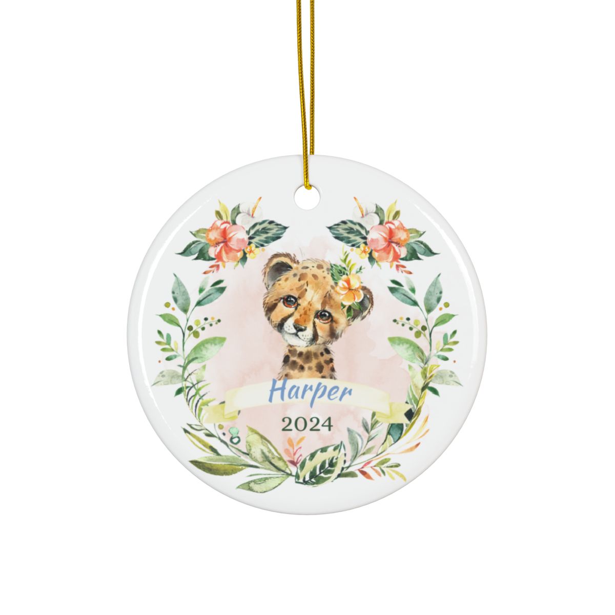 Pink Cheetah Christmas Ornament Personalised Ceramic Ornament