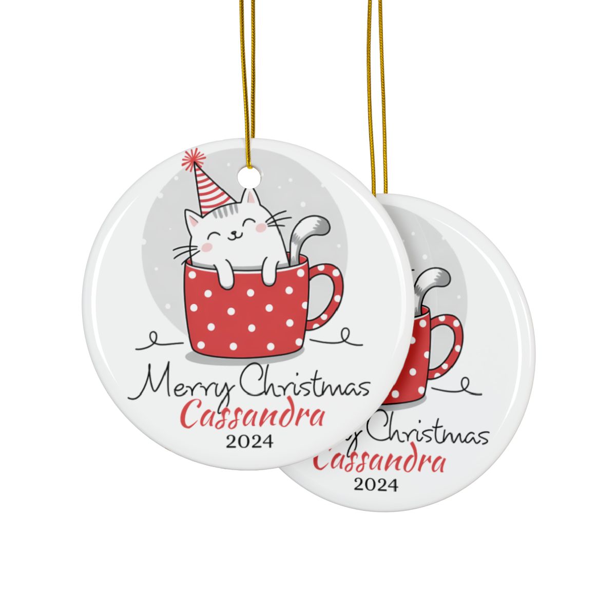 Merry Christmas Cute Cat Personalised Ceramic Ornament