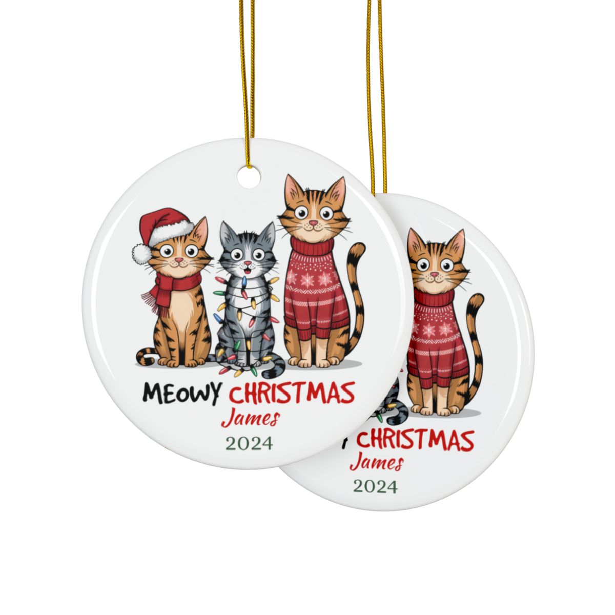 Meowy Christmas Personalised Ceramic Ornaments