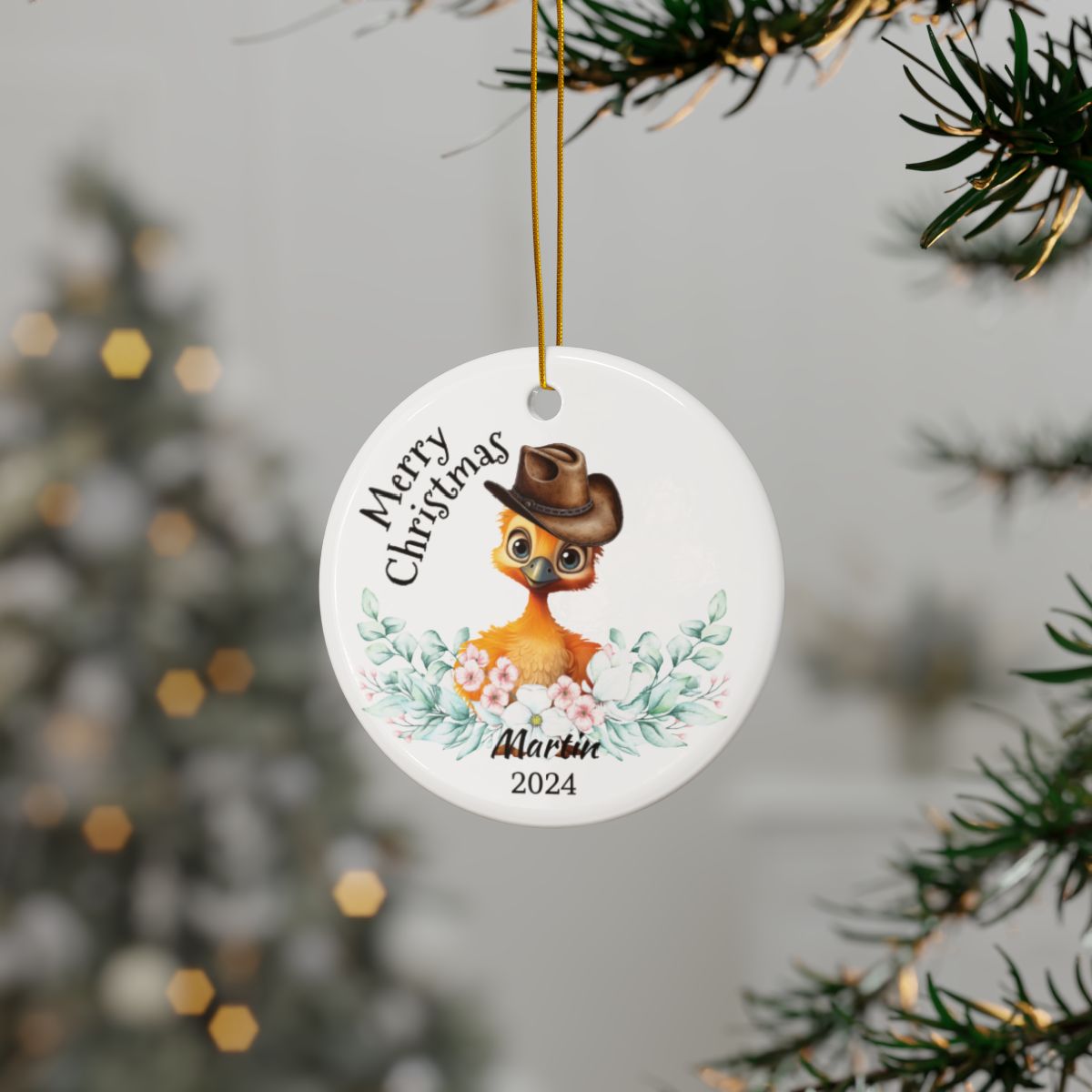 Australian Animals Ornament, Cowboy Emu Design, Personalized Ceramic, Two-Sided Print, Unique Christmas Gift