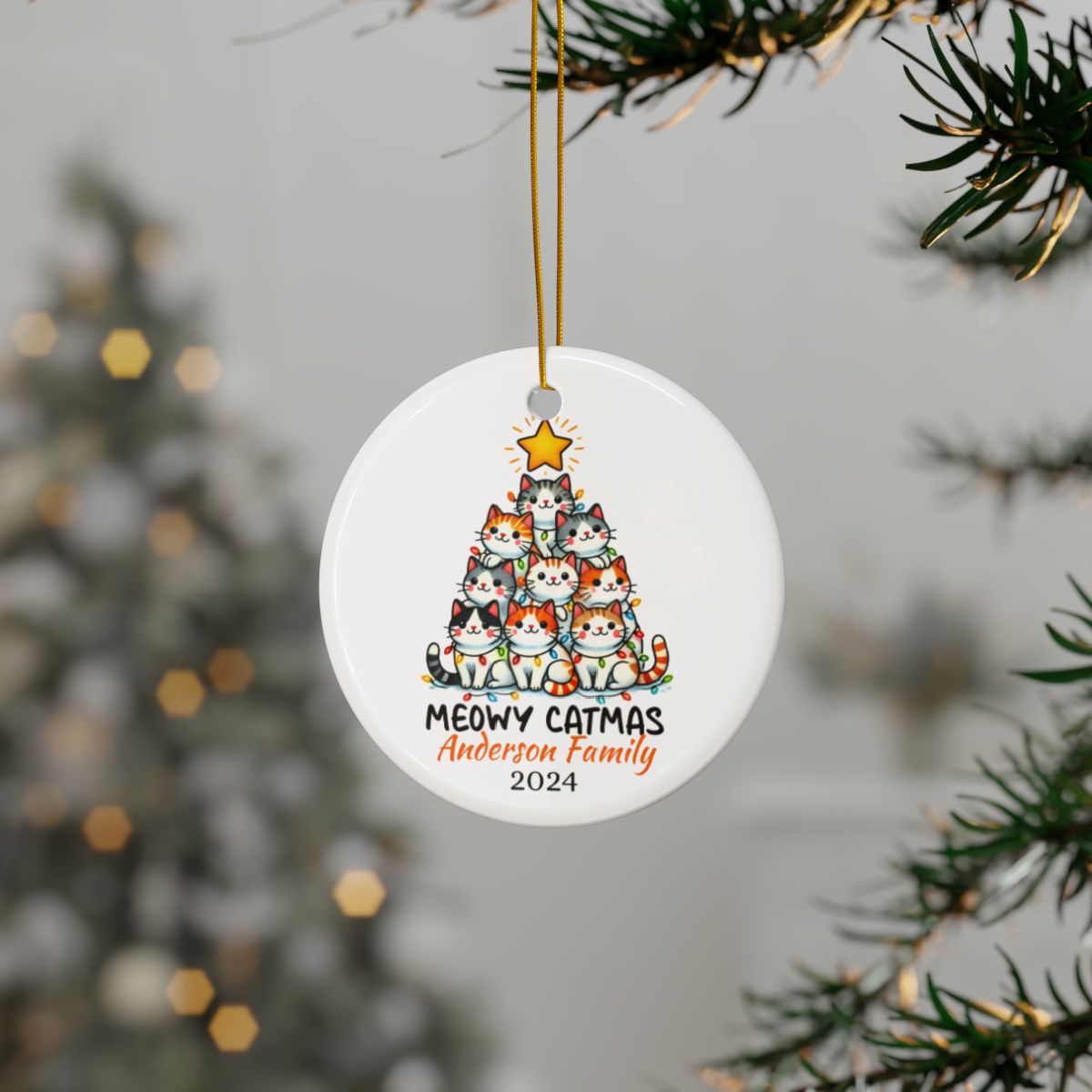 Personalized Cat Tree Ornament, Custom Christmas Cat Decor, Ceramic Pet Ornament, Cute Cat Family Keepsake, Holiday Cat Ornament