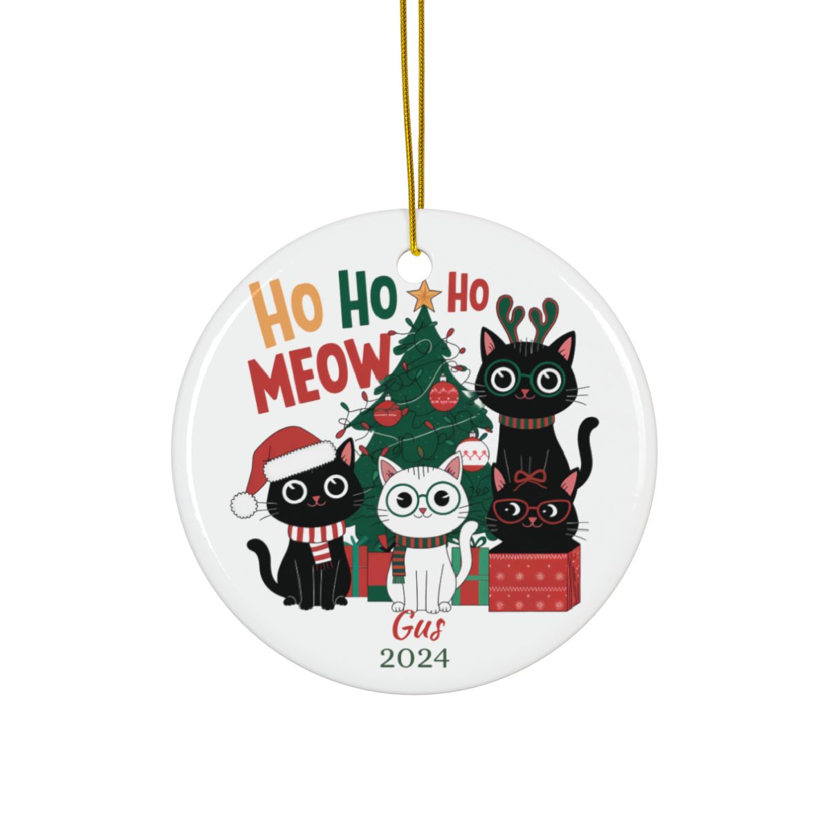 Christmas Cat Ornament, Personalized Ceramic Decoration, Cute Holiday Gift, Family Tree Ornament, Custom Cat Keepsake