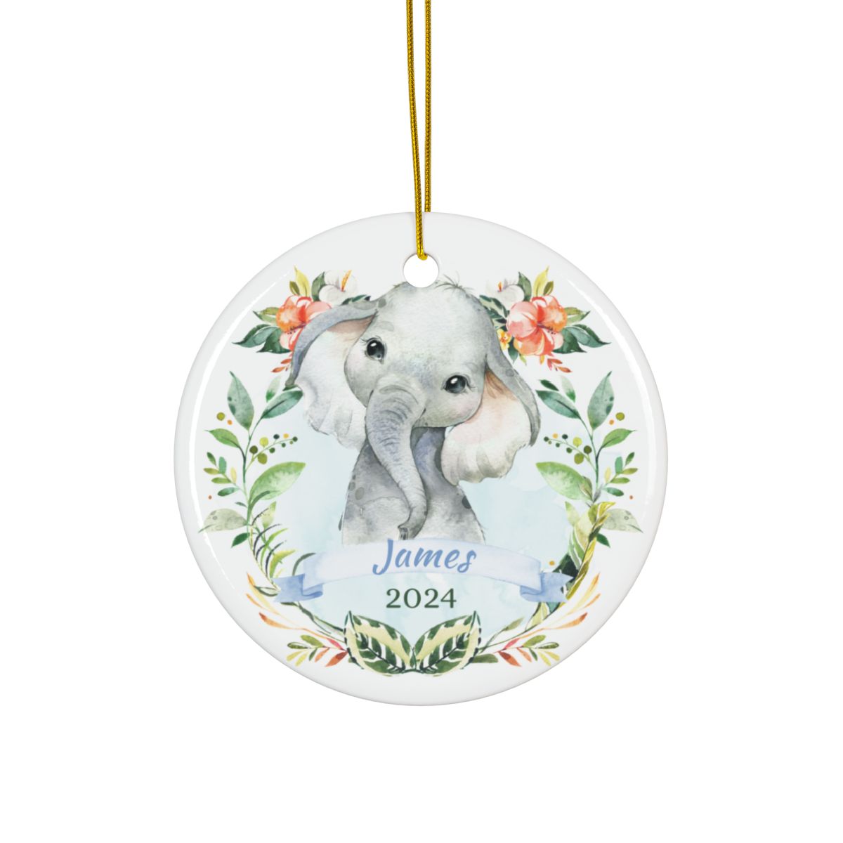 Personalized Elephant Ornament for Baby Nursery Decor, Ceramic Christmas Ornament, Cute Baby Animal Keepsake