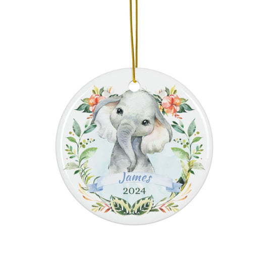 Personalized Elephant Ornament for Baby Nursery Decor, Ceramic Christmas Ornament, Cute Baby Animal Keepsake