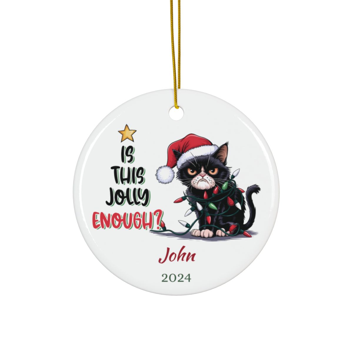 Personalized Christmas Cat Ornament, Custom Holiday Decor, Ceramic Gift For Cat Lovers, Funny Cat Decoration, Holiday Tree Ornament