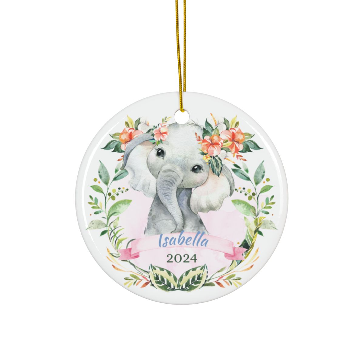 Custom Elephant Ornament, Baby Keepsake, Personalized Ceramic Ornament, Nursery Decor, Cute Animal Ornament, Pink Floral Design