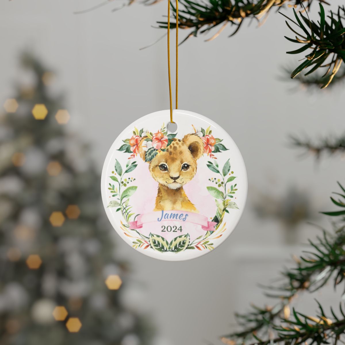 Personalized Lion Ornament, Custom Baby Ornament, Cute Animal Ceramic, Gift for Kids, Jungle Nursery Decor, Holiday Ornament, Handmade Art