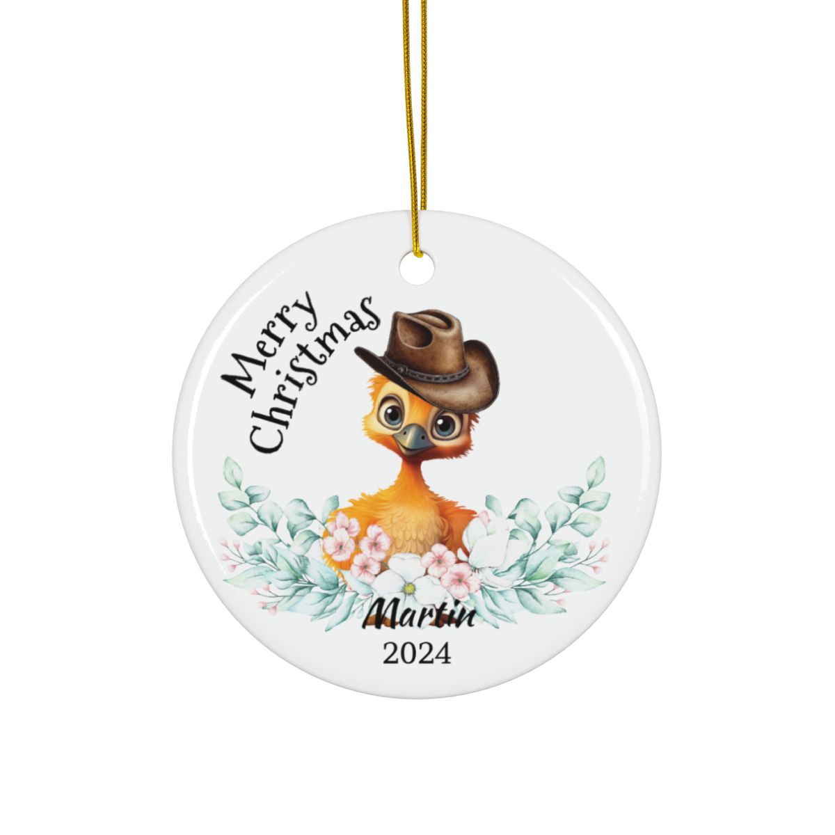 Australian Animals Ornament, Cowboy Emu Design, Personalized Ceramic, Two-Sided Print, Unique Christmas Gift