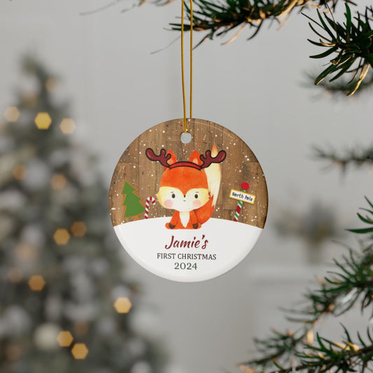 Personalized Fox Christmas Ornament, Custom Holiday Décor, Cute Animal Ceramic Keepsake, Child's First Christmas Gift
