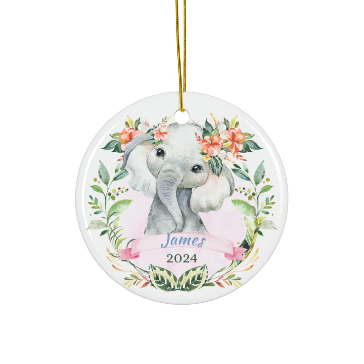 Custom Elephant Ornament, Baby Keepsake, Personalized Ceramic Ornament, Nursery Decor, Cute Animal Ornament, Pink Floral Design