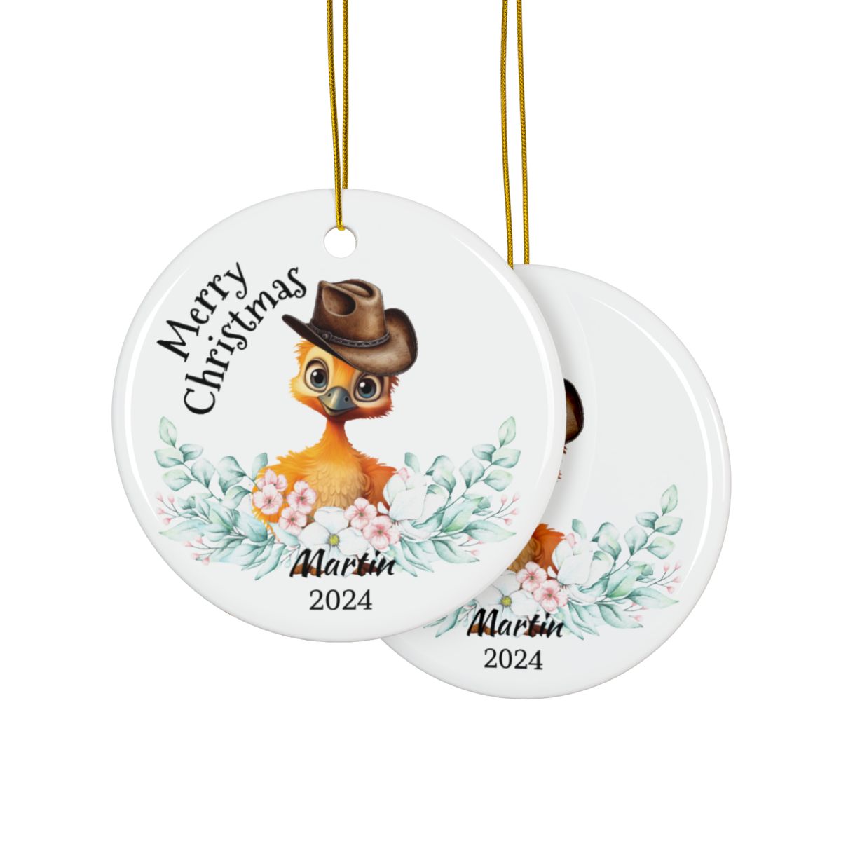 Australian Animals Ornament, Cowboy Emu Design, Personalized Ceramic, Two-Sided Print, Unique Christmas Gift