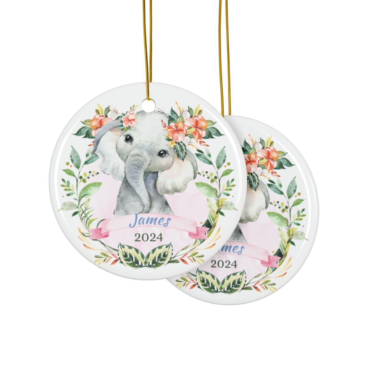 Custom Elephant Ornament, Baby Keepsake, Personalized Ceramic Ornament, Nursery Decor, Cute Animal Ornament, Pink Floral Design