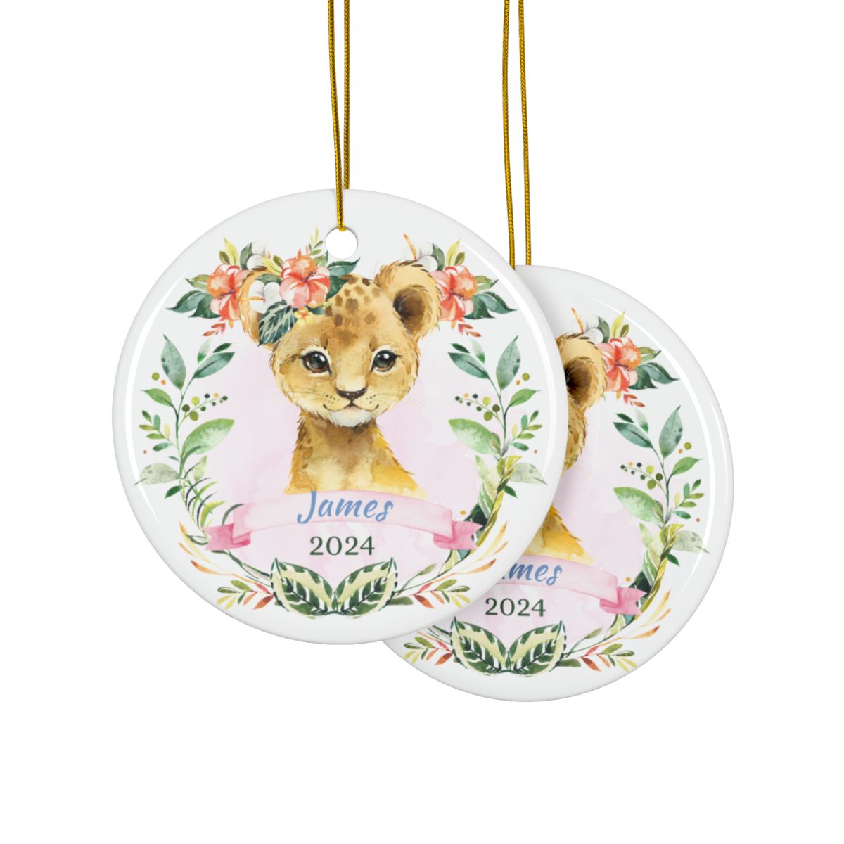 Personalized Lion Ornament, Custom Baby Ornament, Cute Animal Ceramic, Gift for Kids, Jungle Nursery Decor, Holiday Ornament, Handmade Art