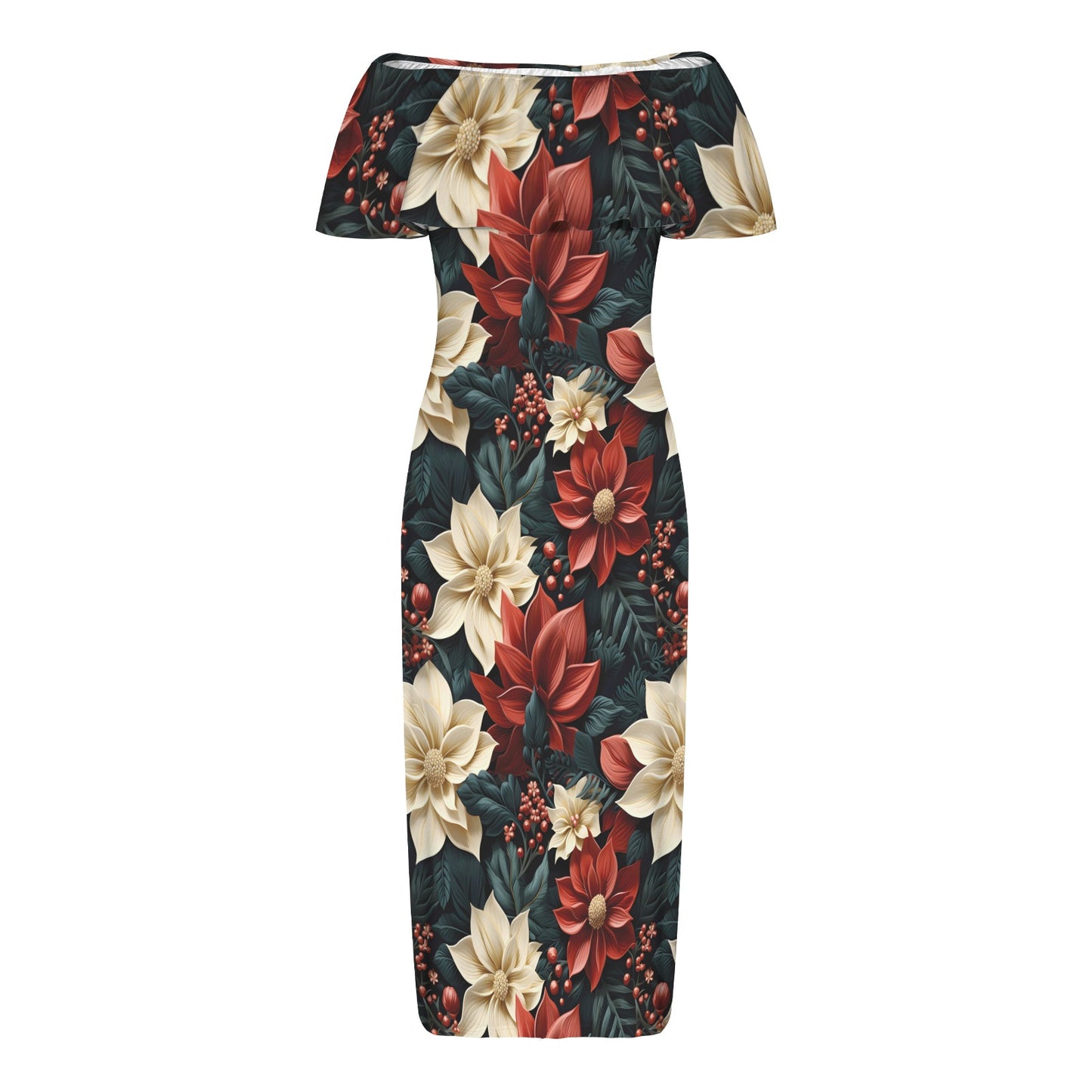Red Poinsettia Women's Off Shoulder Ruffle Boat Neck Dress (Model D71)