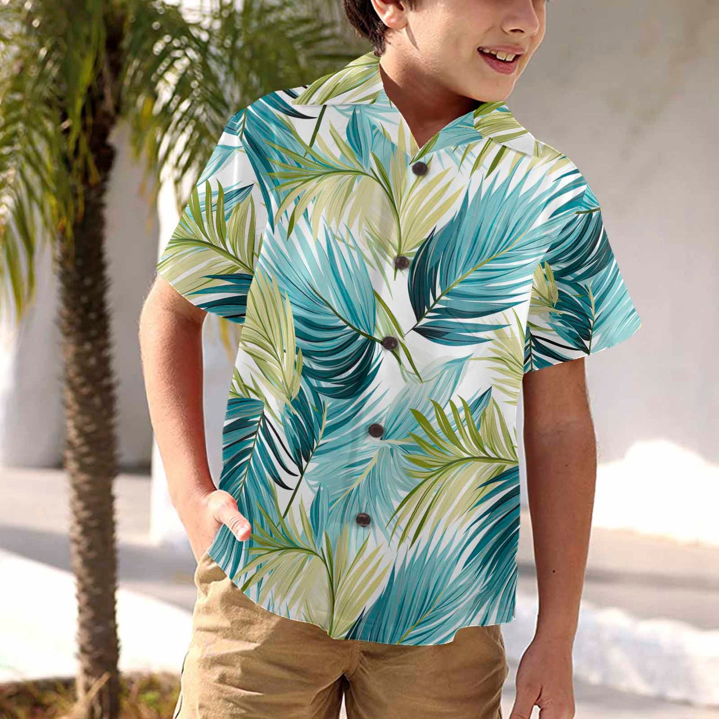 Palm Leaves Blue Green  Little Boys Hawaiian Shirt