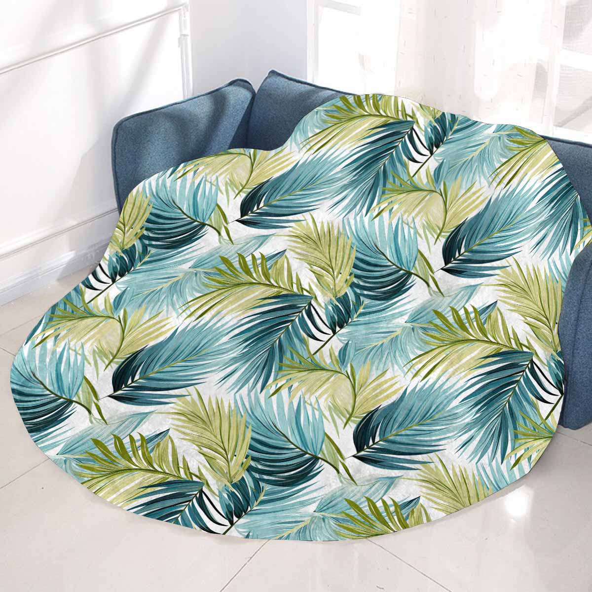 Palm Leaves Blue Green  Circular Micro Fleece Blanket 47"