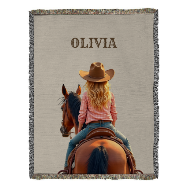 Personalized Cowboy/Cowgirl Blanket, Custom Woven Cotton Throw, Western Gift, Unique Equestrian Home Décor, Horse Lover Gift