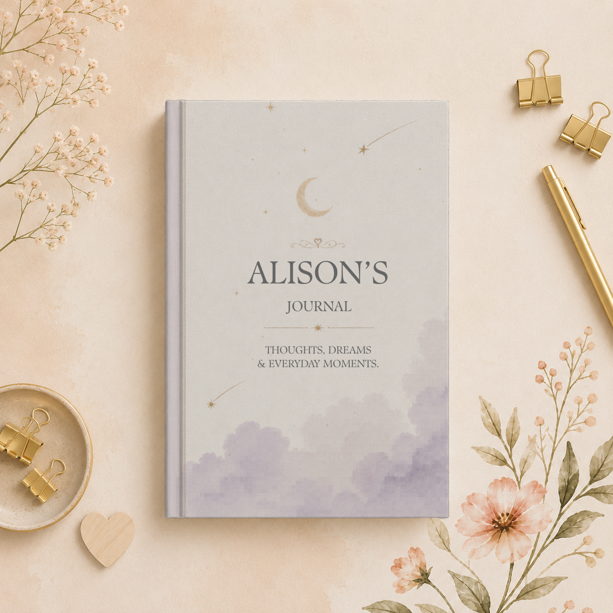 Personalized Hardcover Journal, Custom Matte Diary, Thoughtful Gift, Moon and Stars Design, Journaling Notebook