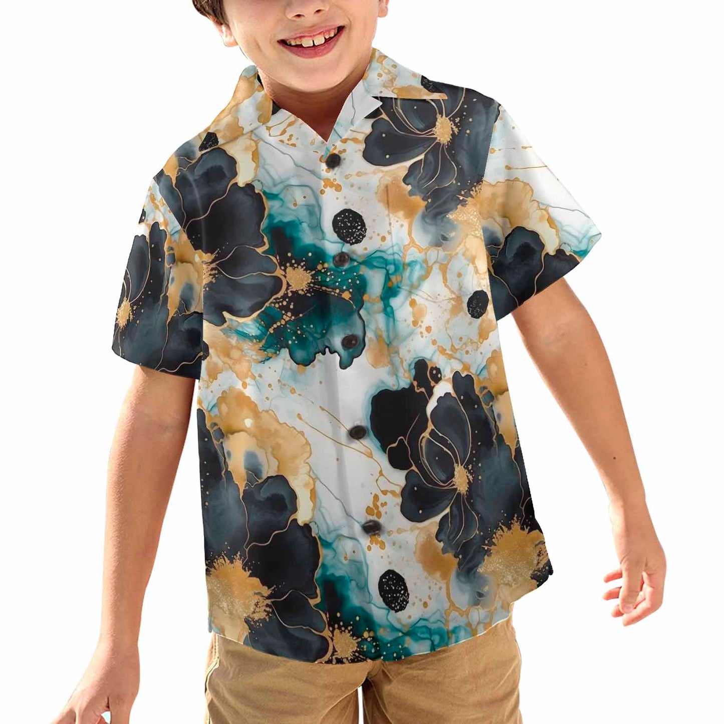 Black Gold & Green Ink Floral  Little Boys Hawaiian Shirt