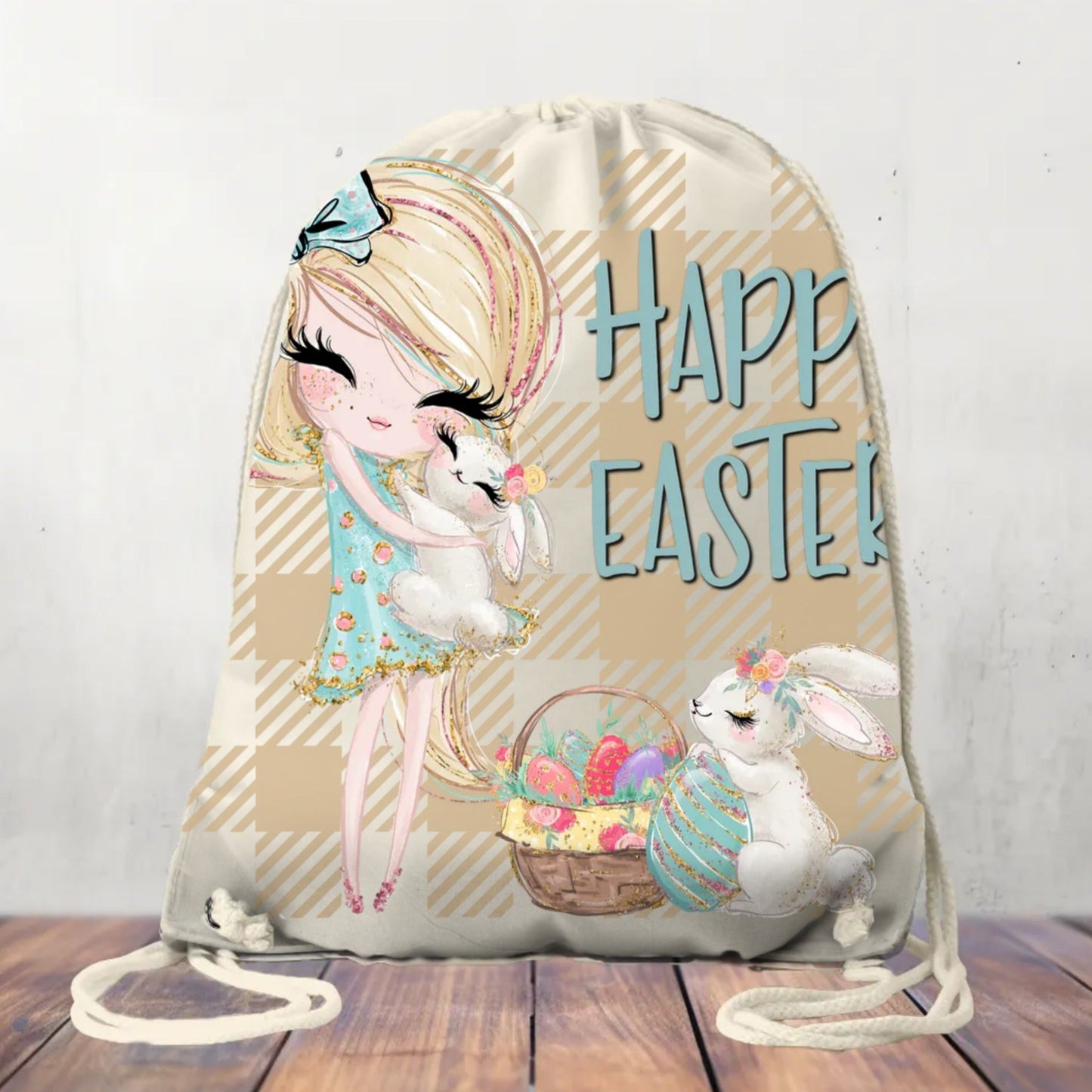 Canvas Drawstring Bag Happy Easter Girl who Loves Rabbits