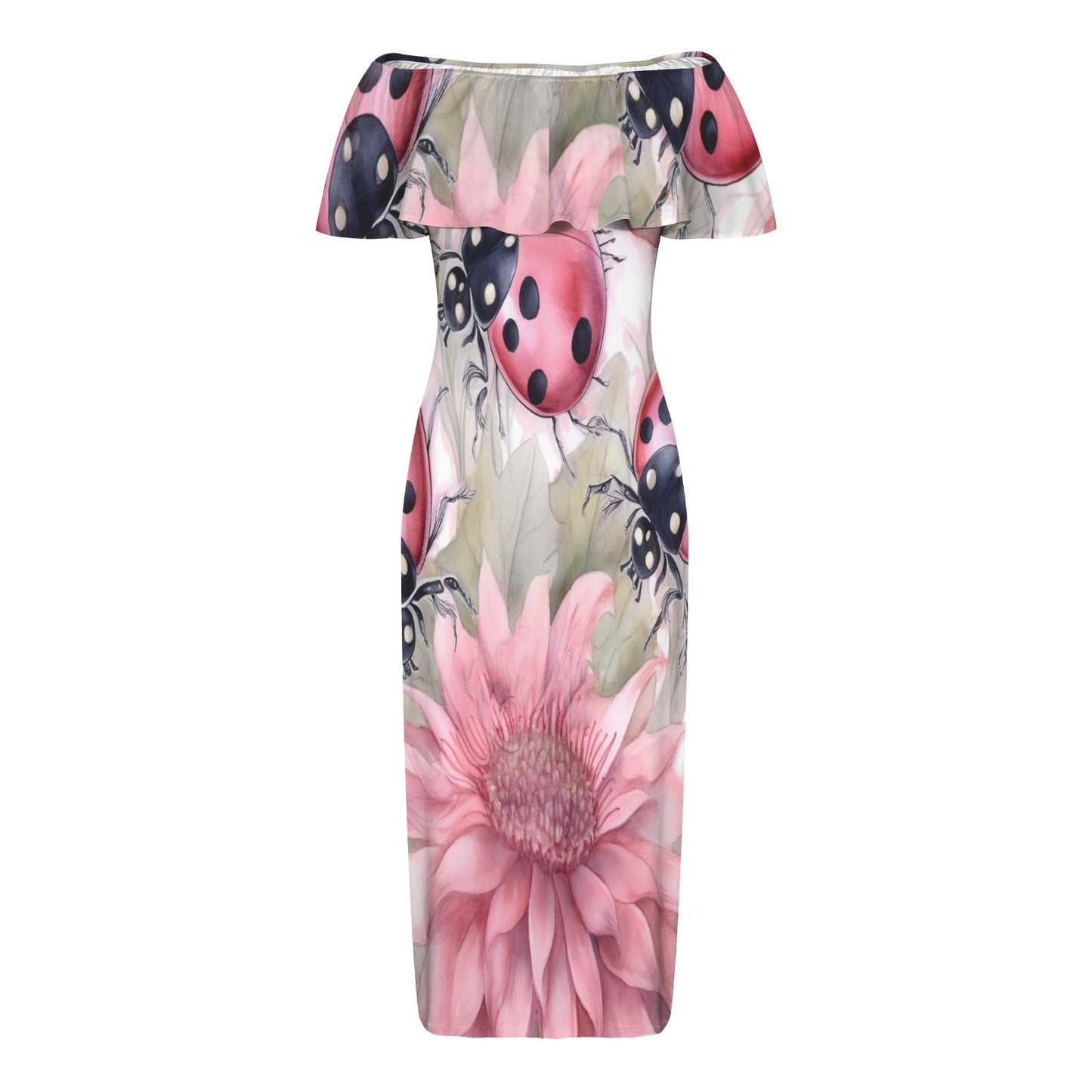 Floral Lady Birds awd332 Women's Off Shoulder Ruffle Boat Neck Dress (Model D71)