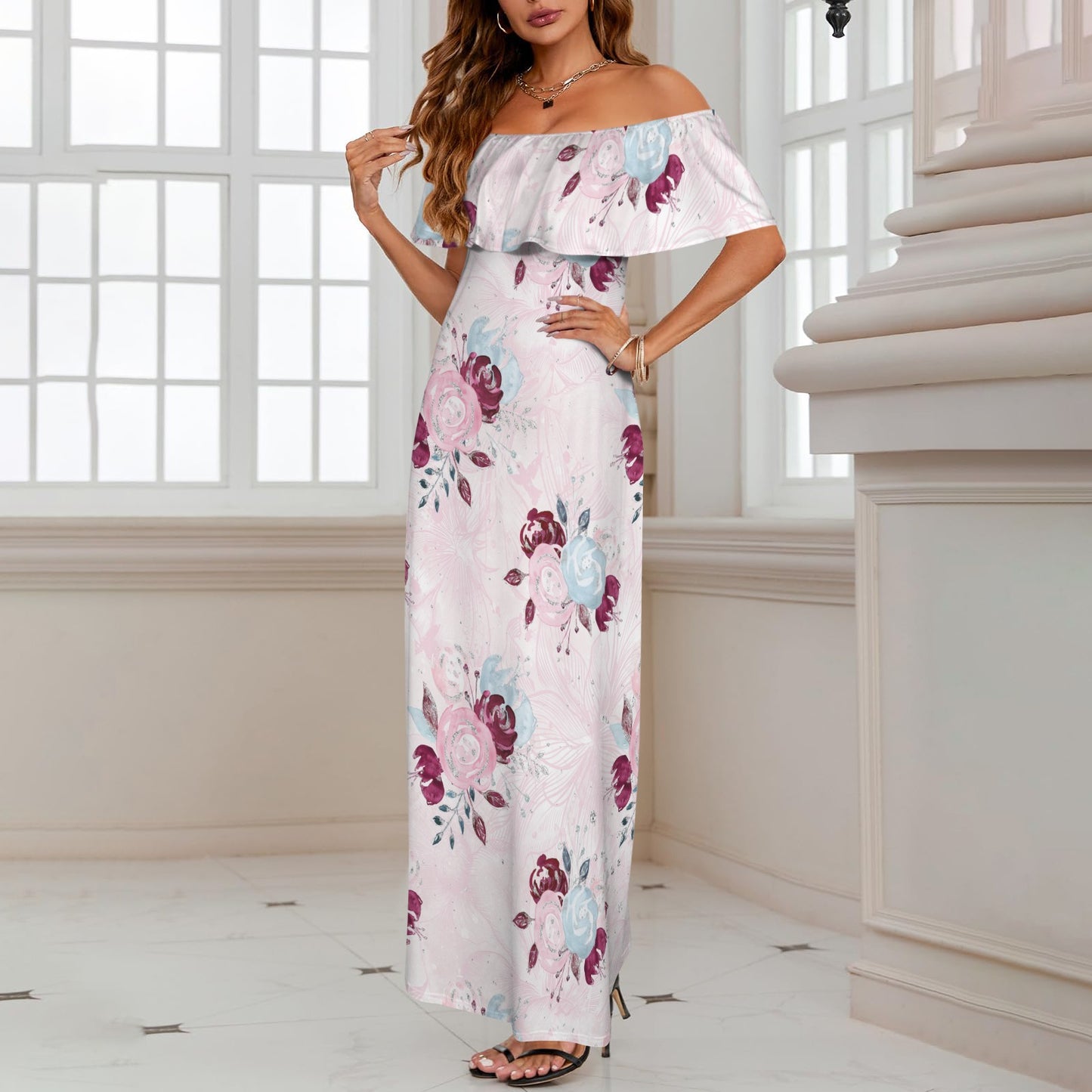 Roses Women's Off Shoulder Ruffle Boat Neck Dress (Model D71)