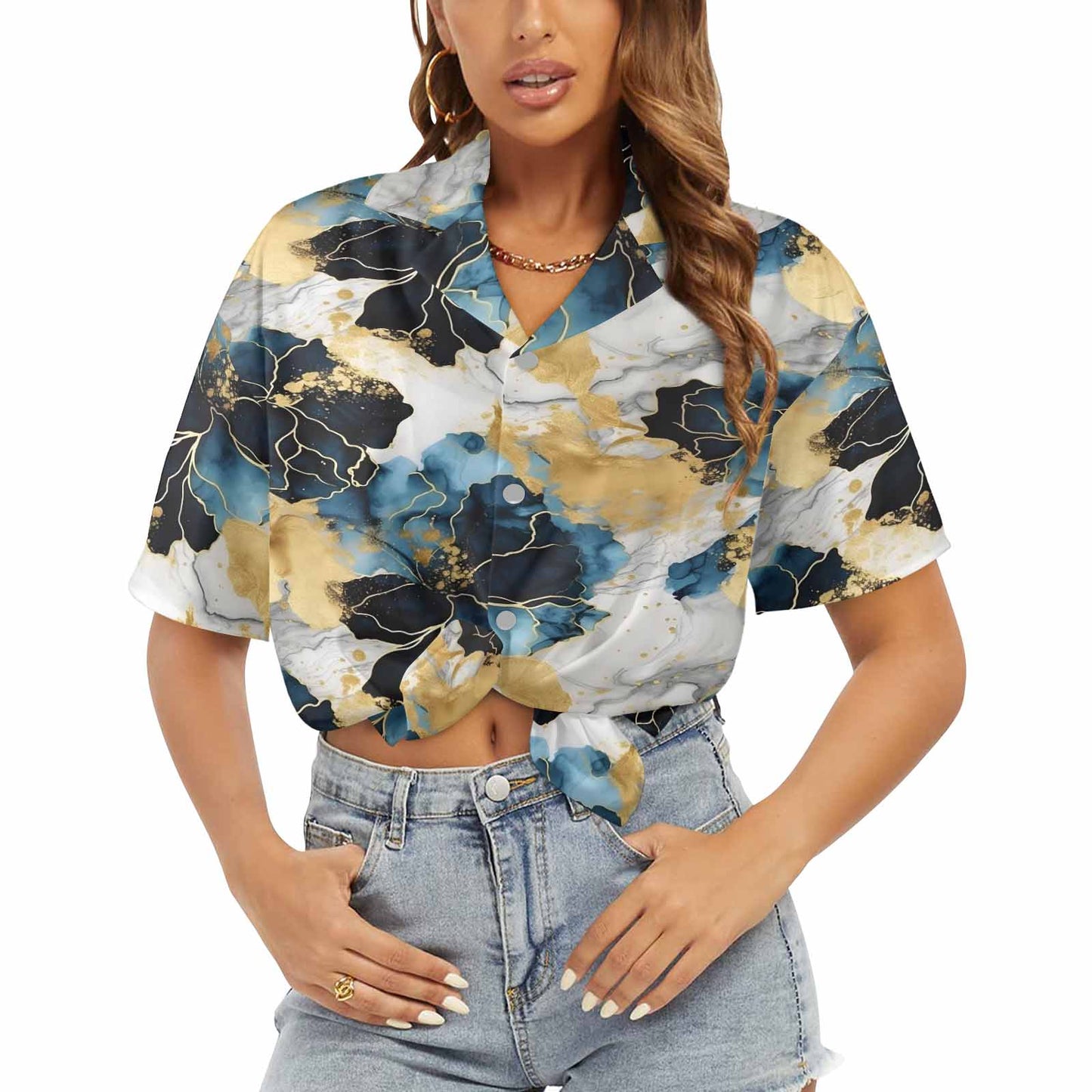 Blue Ink Floral  Women's Hawaiian Shirt