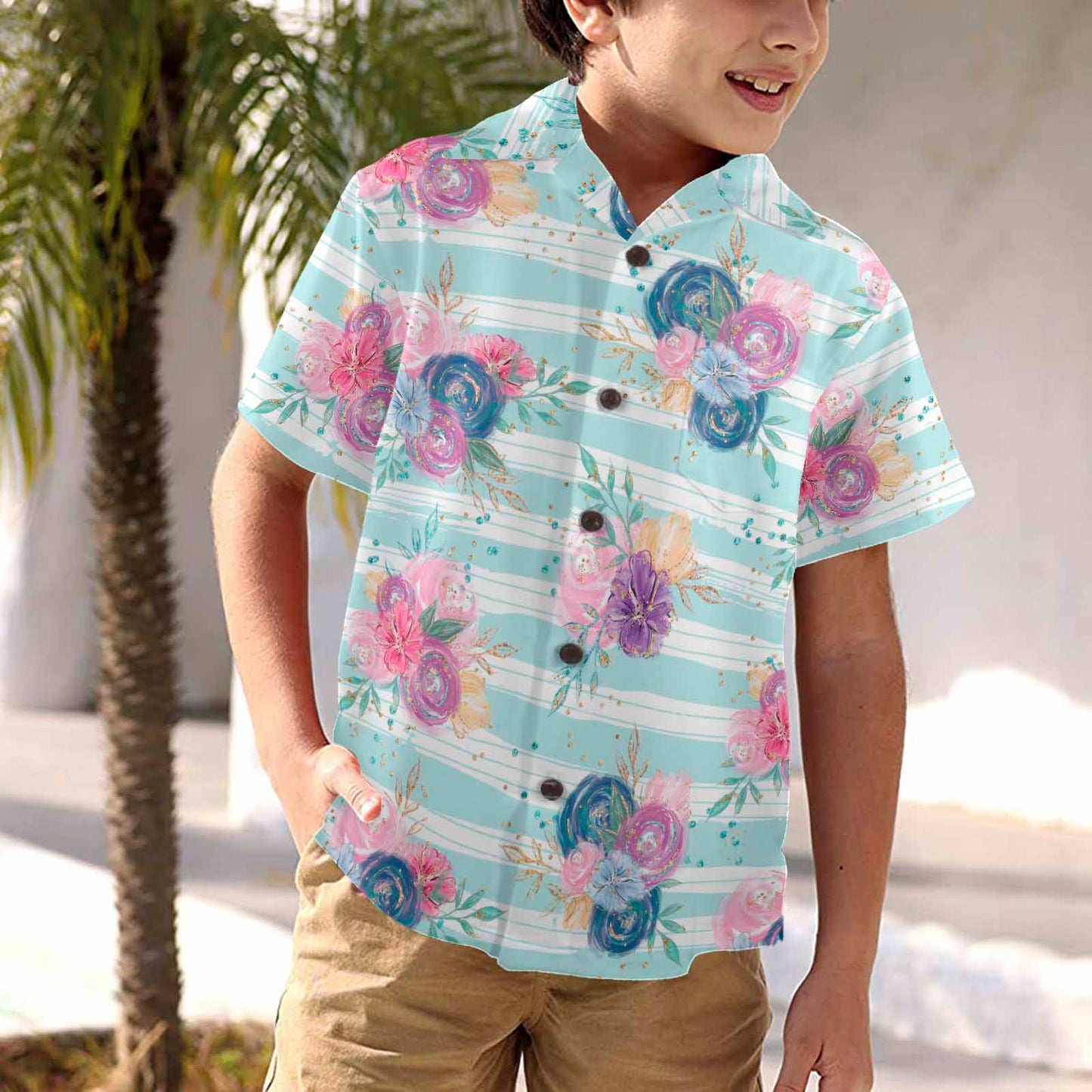 Purple and Pink floral Blue Stripes  Little Boys Hawaiian Shirt